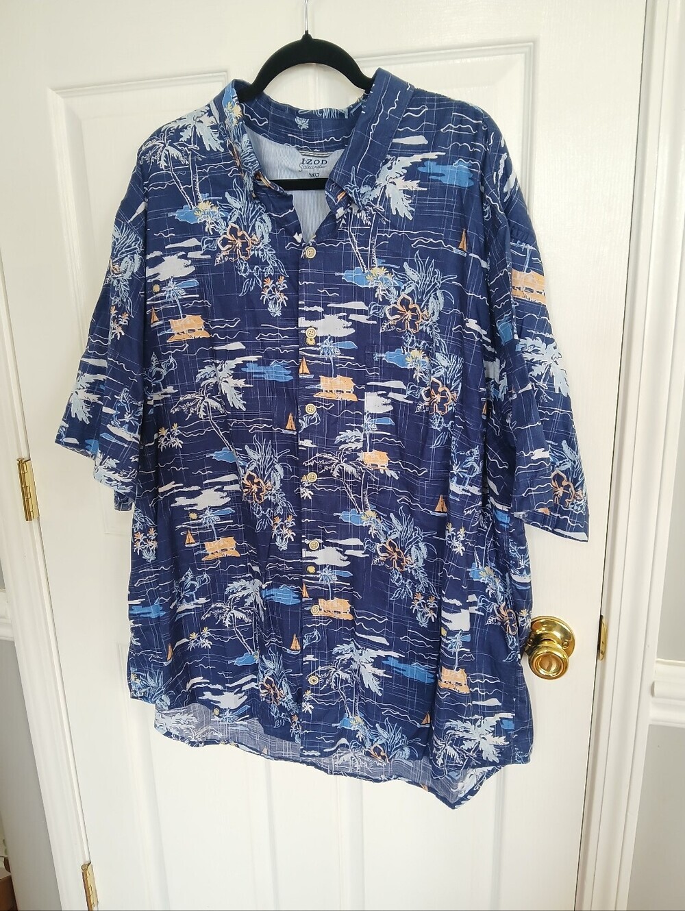 Izod Saltwater Nautical Navy Blue Tropical Print Button-Up Shirt Coastal Resort